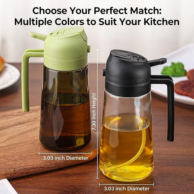 Oil Sprayer and Dispenser for Cooking- 2 x 16 oz Pack, Olive Green Glass to Preserve Fresh Oil, Suitable for Air Fryer, Roasting, Grilling, Barbecue, and Salad. (Black, Green)