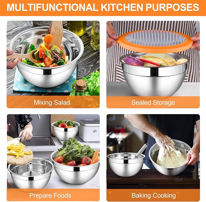 LIANYU Mixing Bowls with Visible Lid Sets, Size 7, 3.5, 2.5, 2, 1.5, 1QT | Large Stainless Steel Cooking Bowls, Nesting Metal Serving Bowl for Kitchen, Baking, Storage, Food Prepping, Multi-Color