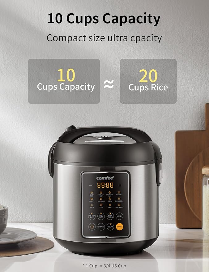COMFEE' 14-in-1 Rice Cooker, Stainless Steel, 10-Cups Uncooked Rice