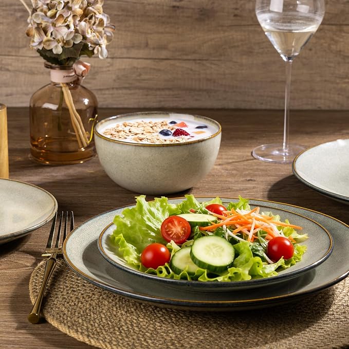 GBHOME Dinnerware Sets for 6, 24 Pieces Ceramic Plates and Bowls Set | Scratch Resistant Stoneware Dishes Set, Dishwasher & Microwave Safe, Reactive Glaze-Green Wheat