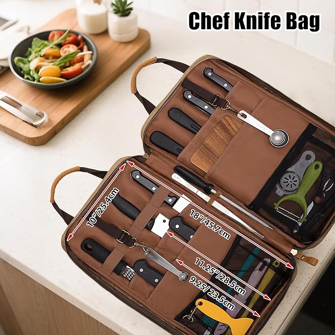 Damero Chef Knife Bag, Waxed Canvas Chef Bag with 11 Slots & 2 Mesh Pockets | Chef Storage Bag Knife Carrier Travel Knife Bag with Top Handles, Detachable Shoulder Strap for Kitchen Tools & Chef Utensils