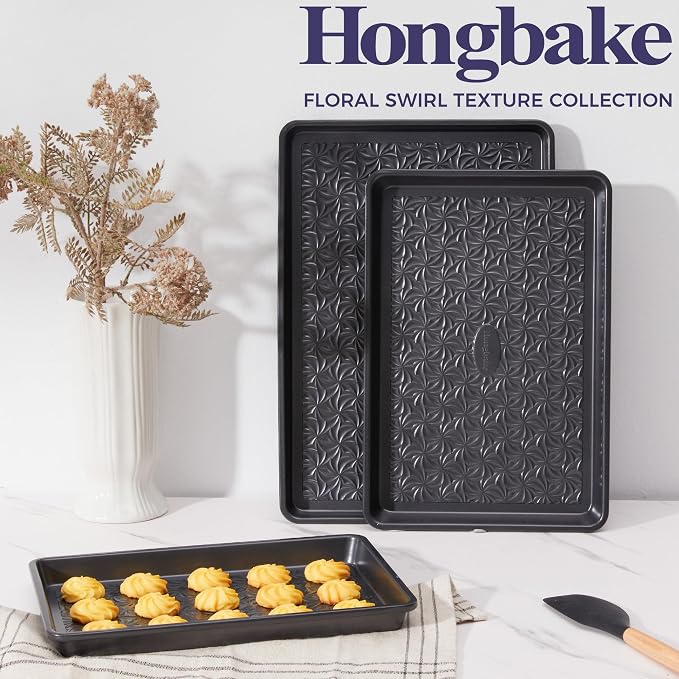 Nonstick Baking Sheet Pan Set of 3, Cookie Sheets for Oven, Non-Toxic, Gray | Half, Quarter & Jelly Roll Pans, Floral Swirl Texture, Heavy-Duty 0.8mm Carbon Steel, Even Heat Distribution