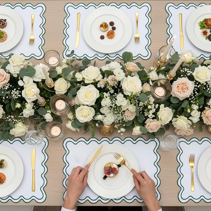 HunnmingRe White with Dark Green Set of 6 Cotton Linen Wedding Placemats, 13x19 Inch Scalloped Wavy Embroidery Placemat Double Layered Washable Rustic Rectangle Dinner Table Mat for Home Decor