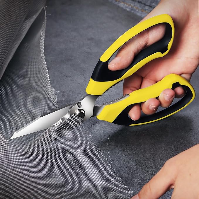 BoFuYuan Utility Scissors All Purpose heavy duty 8-Inch Yellow | Comfort Grip, Sharp Serrated Blades Cutting Carpet Cardboard Wire Fabric, Multipurpose Shears for Kitchen Garden Office Craft