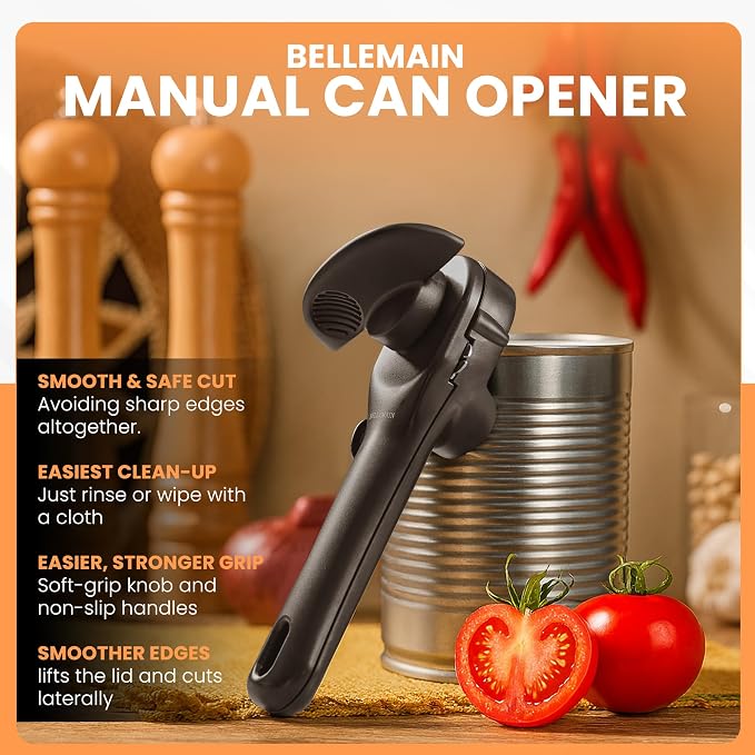 Bellemain Ergonomic Can Opener, Easy Safe-Cut for Seniors & Restaurants | Durable Heavy Duty Stainless Steel, Non-Slip Manual Easy to Turn Handle, Lightweight, Compact, and Travel Friendly