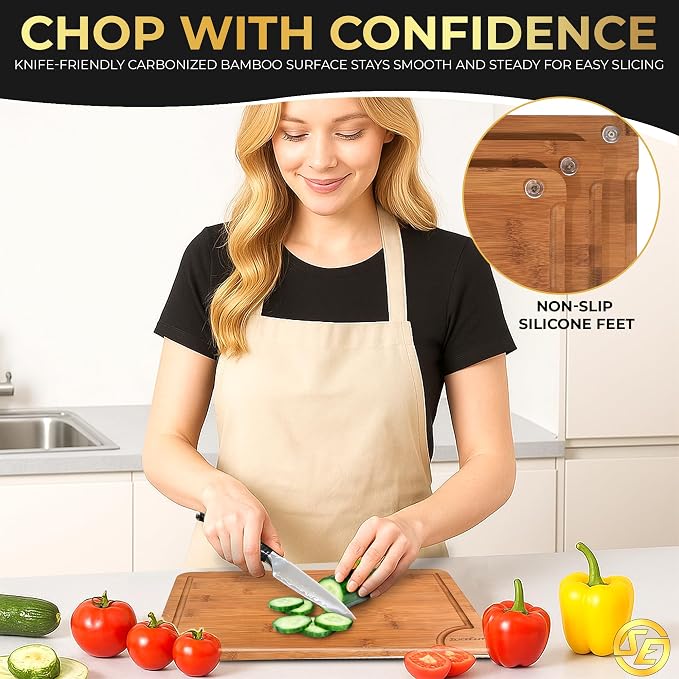 SliceElite Rich Brown Carbonized Bamboo Cutting Board Set 3 Piece Kitchen Boards with Deep Juice Groove Non Slip Silicone Feet Space Saving Rack Stand for Chopping Serving Meal Prep and Charcuterie
