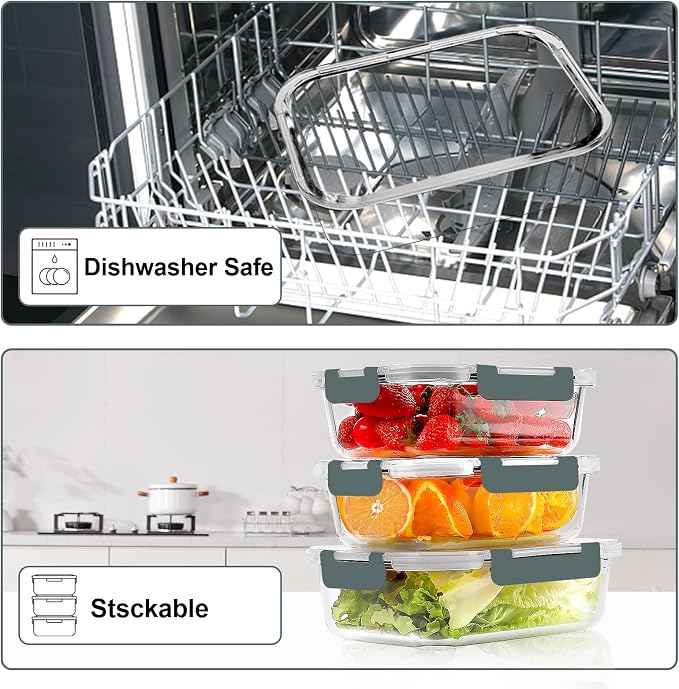 VERONES 10 PACK Glass Meal Prep Containers Set with Lids, Grey | Airtight & Stackable Glass Food Storage Containers Set with Lids, for Microwave, Oven, Freezer & Dishwasher Friendly