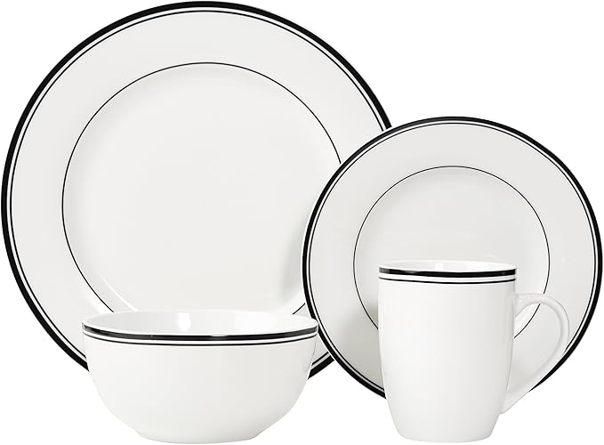 Amazon Basics 16-Piece Cafe Stripe Dinnerware Set, Microwave and Dishwasher Safe, Plates, Bowls, Mugs, Service for 4, Black