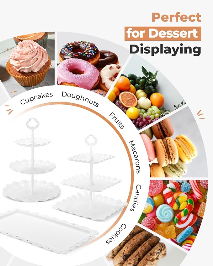 Kootek 10pcs Cupcake Stand Dessert Table Display Set Serving Tray for Party | 3-Tier Cupcake Stand, 6 Rectangular Trays, Hold 128 Standard Cupcakes, Cookie Display, BPA-Free, No Tools Required, Hand Wash