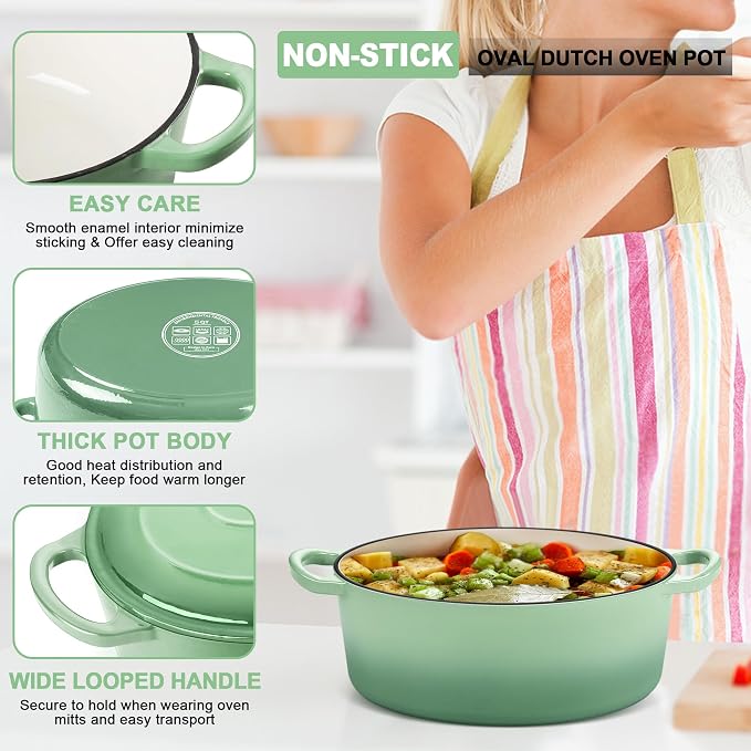 E-far 5QT Oval Dutch Oven Pot with Lid, Enameled Cast Iron Dutch Oven with Dual Handles, Heavy-Duty Cookware for Sourdough Bread Baking, Braising, Stews, Oven Safe & Easy Clean, Green