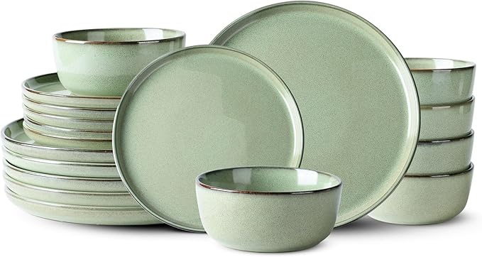 GBHOME Dinnerware Sets for 6, 18 Pieces Ceramic Plates and Bowls Set | Scratch Resistant Stoneware Dishes Set, Dishwasher & Microwave Safe, Reactive Glaze-Pastel Green