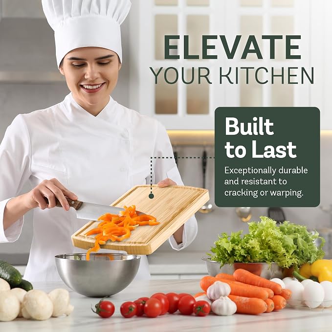 Bamboo Cutting Boards for Kitchen, Non Toxic Wooden Chopping Board Meat Set | Deep Juice Groove, Knife-Friendly, Reversible Butcher Block, Side Handles, Serving, Food Prep, Vegetable, Fruit, Meat, Cheese