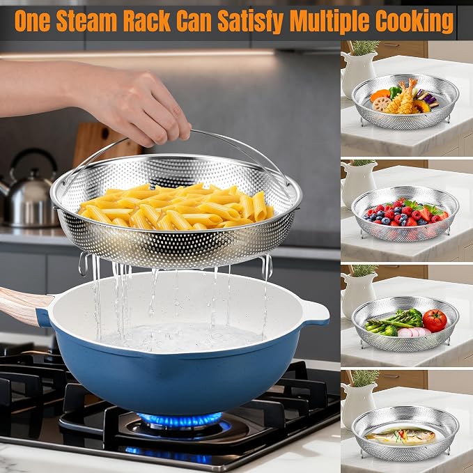 AOSION 12 Inch Nonstick Ceramic Deep Frying Pan with Lid & Steam Rack, 5.5QT Sauté Pan, Large Ceramic Skillet,Stay Cool Handle, Induction Compatible, PFOA & PFAS Free,blue.