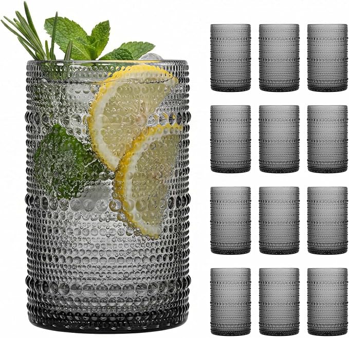 Moretoes 12 Pack 15 Oz Gray Large Hobnail Drinking Glasses Set | Vintage Glassware,Embossed Glass Cups,Water Tumbler,Highball Glasses For Beer, Juice And Various Mixed Drinks