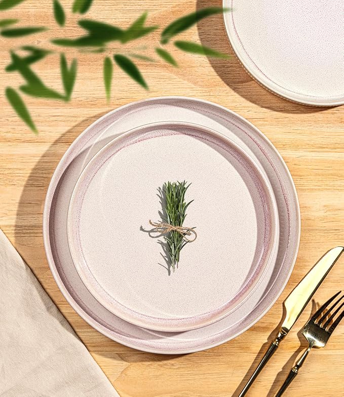 Ceramic Dinnerware Set for 4, 12-Piece Plates and Bowls Set | Lightweight Porcelain Dish Set, Scratch Resistant, Oven & Microwave & Dishwasher Safe, Primrose Pink