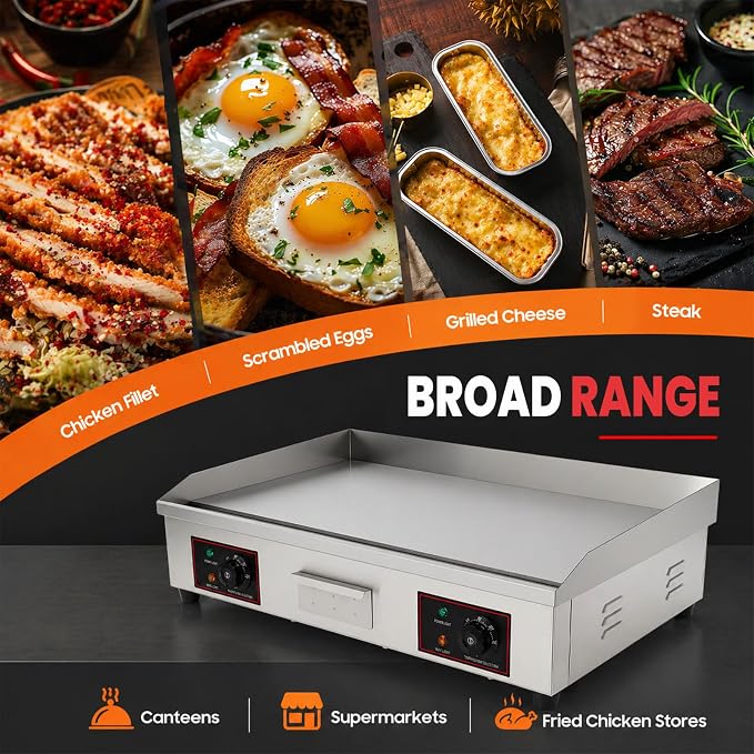 30" Electric Countertop Flat Top Griddle 3000W 110V Non-Stick Commercial Restaurant Teppanyaki Grill Stainless Steel Adjustable Temperature Control(No Plug)