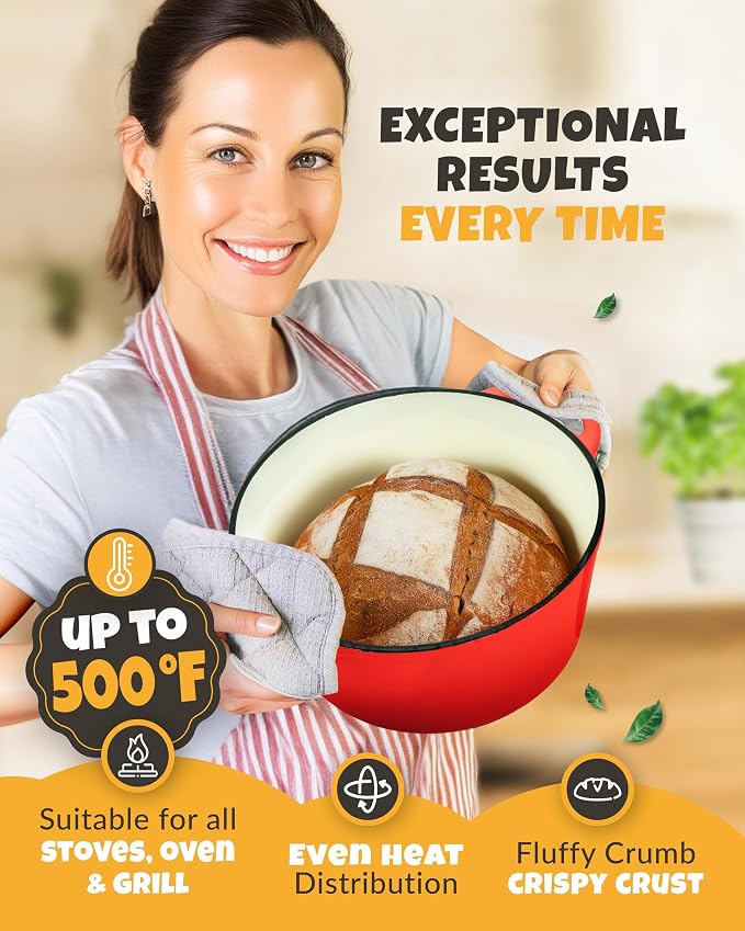 5 QT Enameled Dutch Oven for Bread Baking with Lid & Baking Set | Dutch Oven for Sourdough Bread Baking, Enameled Cast Iron with Lid, Banneton, Bread Sling, Lame, Dough Whisk & Clear Guide