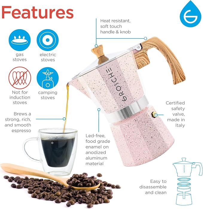GROSCHE Milano Stovetop Espresso Maker Moka Pot 6 espresso Cup 9.3 oz Pink | Cuban Coffee Maker And Italian Moka Pot For Stovetop Espresso; For Gas, Electric, And Propane Stoves With A Soft-Touch Handle