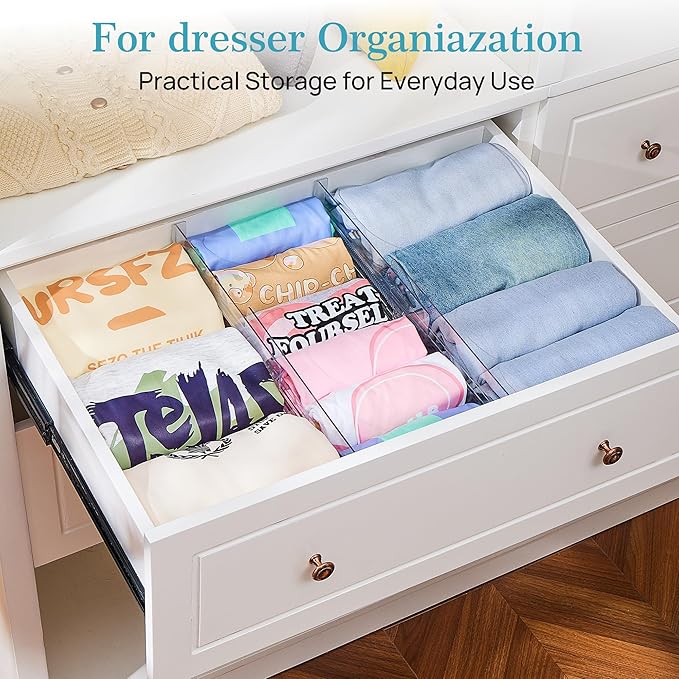 Vtopmart 4" High Drawer Dividers for Clothes, 13"-22" Adjustable, 8 pack | Expandable Dresser Drawer Organizer, Clear Plastic Separators for Dresser, Baby Clothing, Underwear, Cosmetic, Toiletries