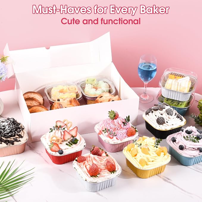 100 Pcs Mini Cake Pans with Lids, 5oz Square Aluminum Foil Brownie Baking Cups, Dessert Cupcake Cups with lids, Disposable Loaf Pans Cupcake for Wedding Birthday Party (Blue)