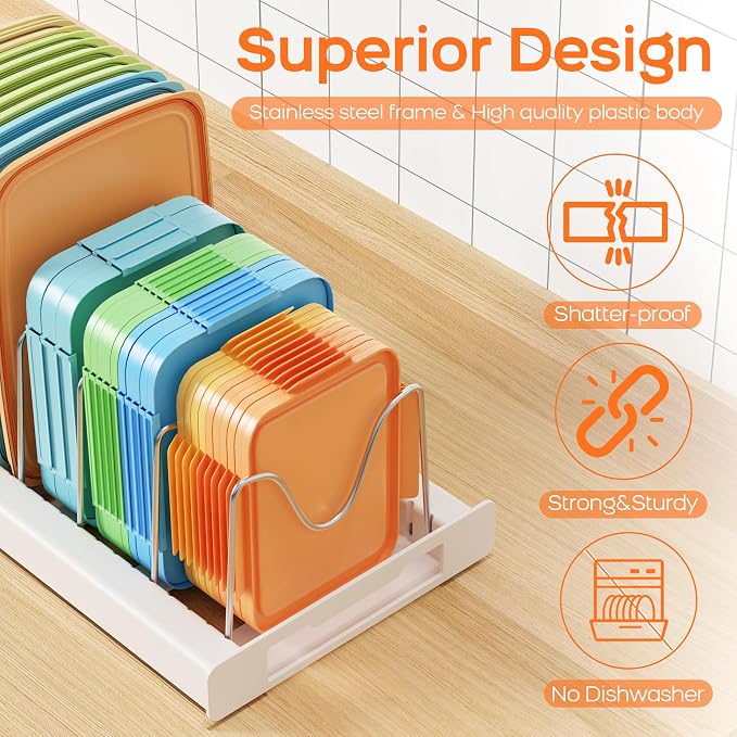 Nigelia Pots and Pans Organizer for Under Cabinet 22" Expandable Food Storage Container Lid Organizer with 10 Adjustable Dividers Pot and Pan Lid Holders Rack Inside Cabinet & Kitchen Countertop White