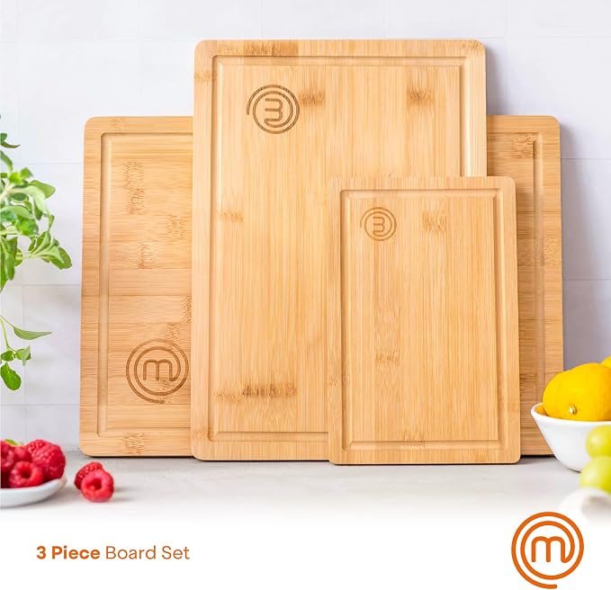 MasterChef Wooden Cutting Boards for Kitchen, Bamboo Cutting Board Set of 3 | Reversible Large, Medium & Small Wooden Chopping Boards with Juice Grooves, Natural, Organic & Sustainable Wood, Food Safe