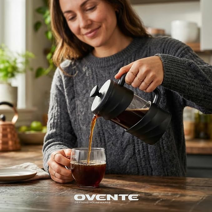 OVENTE 20oz French Press Coffee Maker with 4-Level Filtration, Black FPW20B | Heat-Resistant Borosilicate Glass Cafetiere, Dishwasher Safe Stainless Steel Filter, Compact Cold Brew for Travel and Camping