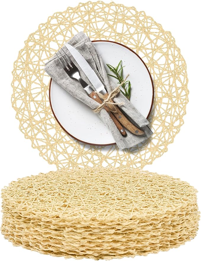 AHHFSMEI Paper Braided Round Placemats Natural Non-Slip Heat Resistant Table Mats for Dining Tables Farmhouse Woven Indoor & Outdoor Place mats for Thanksgiving (12, Beige B)