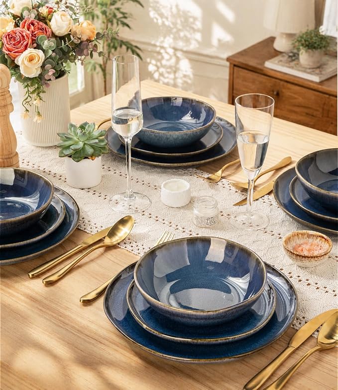 AmorArc Ceramic Dinnerware Sets for 4, 12Pcs Plates and Bowls Sets Dishes | Stoneware Handmade Reactive Glaze Dinner Set, Highly Scratch Resistant | Dishwasher & Microwave Safe Dishware