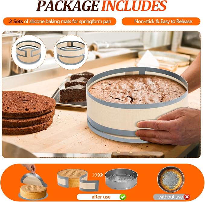 Reallnaive 2 Pack Springform Pan Protector 9 Inch Nonstick Silicone Mats for Baking Easy Clean Cake Pan Liners for Cheesecake Pan, Prevent Cake from Sticking to Side and Bottom