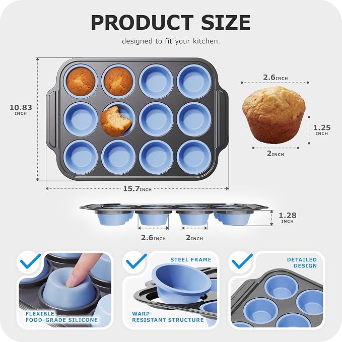 Silicone Muffin Pan for Baking with Metal Frame, 12 Cup Regular Size Cupcake Pan, Nonstick Food Grade Silicone Muffin Tin for Baking, Easy Release Egg Bite Molds, BPA Free