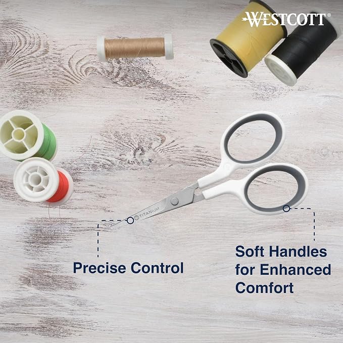 Westcott 4" Embroidery Scissors with Curved Titanium-Bonded Blades for Flush Trimming, Crafting, Sewing & More (White/Gray)