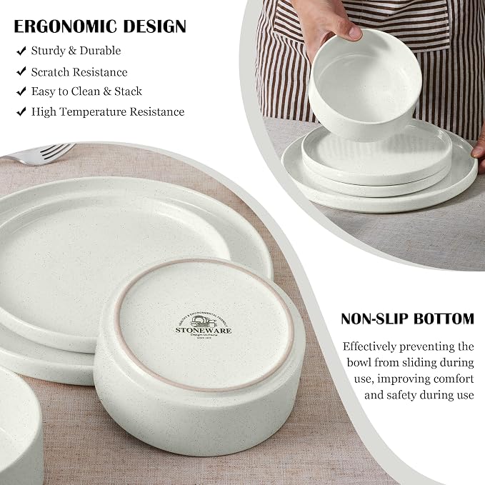 E-far Stoneware Dinnerware Sets, 12-Piece Plates and Bowls Set for 4, White | Kitchen Modern Dishes Dining Ware, Chip and Scratch Resistant, Microwave & Dishwasher Safe, Speckled White
