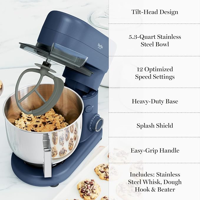 Martha Stewart 5.3QT Tilt Head Stand Mixer, 12 Speeds, Stainless Steel Bowl | Dough Hook, Stainless Whisk, Beater, Removable Splash Shield, Bread, Cake & Whipping, Electric Kitchen Mixer, Indigo Blue