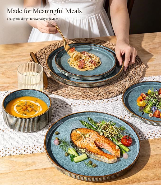 GBHOME Stoneware Dinnerware Sets for 4, 12-Piece Plates and Bowls Set | Handmade Reactive Glaze Ceramic Dish Set, Scratch Resistant, Dishwasher&Microwave Safe,Space Blue