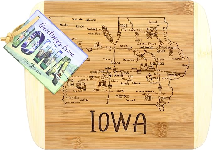 Totally Bamboo A Slice of Life Iowa Engraved Map Cutting Board | 11” x 8.75” charcuterie board with engraved state map artwork. Smooth reverse side for food prep. Hang tie for wall display.