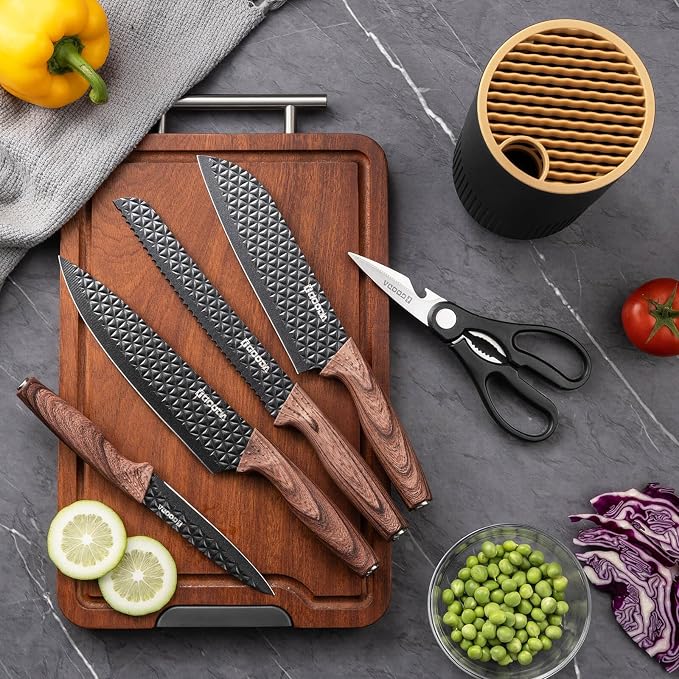 Kitchen Knife Set With Block,6-Piece Professional Chef Cooking Knives Set For Kitchen,Non-Stick Stainless Steel Knife Block Set