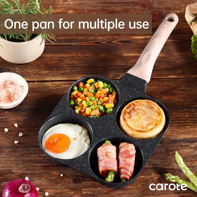 CAROTE 4-Cup Nonstick Granite Egg Pan, Black | Kitchen Non-Toxic PFOA Free Cookware for Breakfast, Suitable for Gas Stove & Induction, Easy to Clean