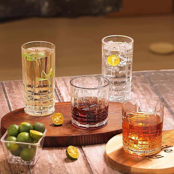 Moretoes Drinking Glasses Set of 12,Mixed Drink Cocktail Glass | 6 Highball Glasses 12 Oz,6 Rocks Glasses 10 Oz Vintage Glassware Sets for Whiskey, Cocktails, Water & Juice