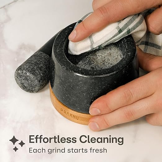 Praknu Mortar and Pestle Set Small - Heavy-Duty 1 Cup Stone Grinder for Spices & Herbs - Durable Granite Molcajete - Guacamole Bowl with Non-Slip Wooden Base - Effortless Grinding & Easy to Clean