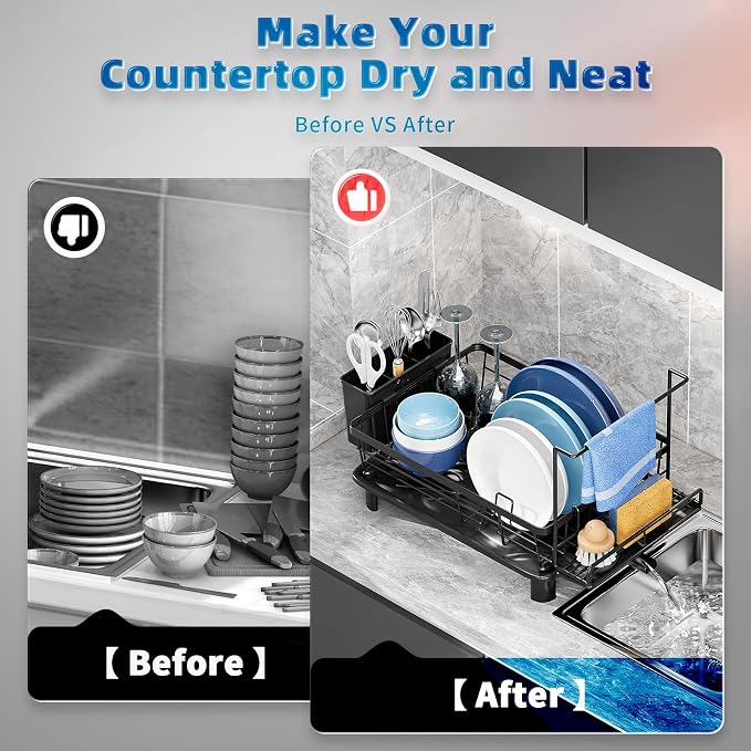 Dish Drying Rack, Stainless Steel-Dish Rack, (Black2 with Sponge Rack ) | Dish Racks for Kitchen Counter, Kitchen Dish Drainers with Removable Utensil Holder,New drain outlet,