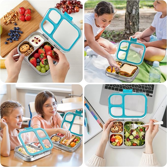 LOHASOK Stainless Steel Bento Lunch Box, 800ml, Blue | 3-Compartment, Leak Proof, Lightweight, Clear Plastic Lid, for Kids Adults, BPA/BPS Free, Dishwasher Safe