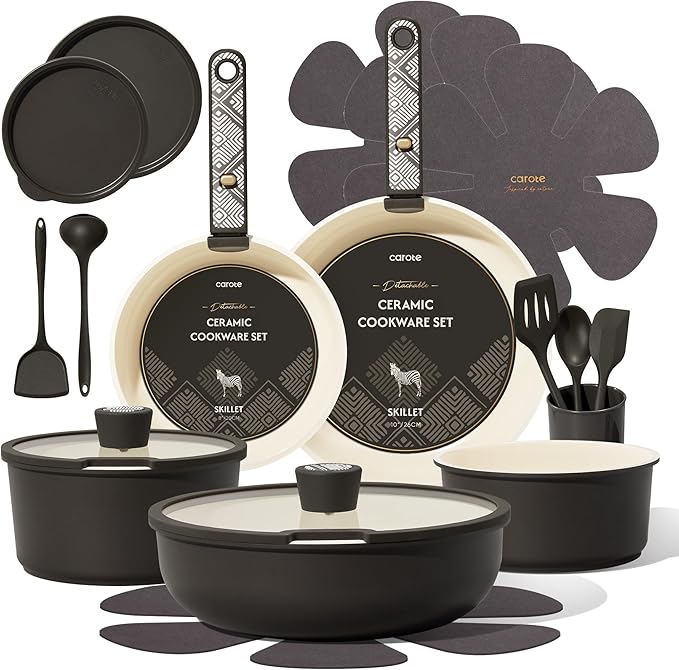 CAROTE 21pcs Ceramic Cookware Set, Pots and Pans Set with Detachable Handle | Non-Stick, Non-Toxic, PFAS&PFOA Free, Induction Compatible, Dishwasher & Oven Safe, Space Saving, Camping Cooking, Charcoal