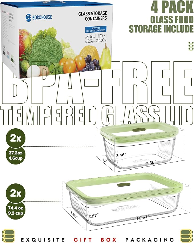 4-Pack Glass Container Set (2x 4.7 Cup & 2x 9.3 Cup), Ultimate Food Storage & Meal Prep with Easy-Open Valve, Tempered Glass Lids, Leakproof, Freezer to Oven Safe
