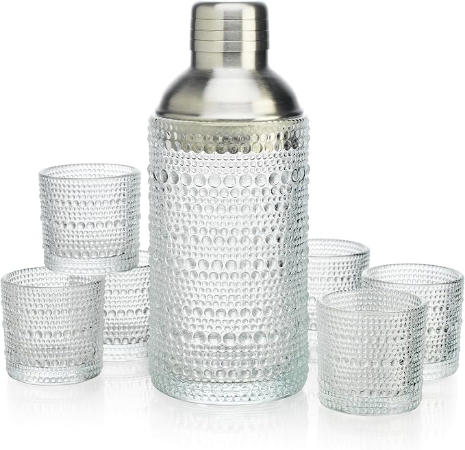 Glaver's Cocktail Shaker Set, Glass 15.2 oz Shaker, 6 Hobnail Shot Glasses, Stainless Steel Strainer Cap,Glass Shaker Set for Bars. Dishwasher Safe