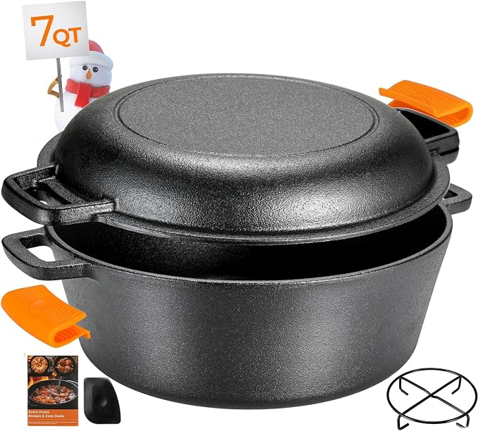 TLGREEN Cast Iron Dutch Oven 5.1QT Pot 1.9QT Skillet Lid Silicone Holders | Cast Iron Skillets, Heat Resistant Stand Included, Fits All Heat Sources for Outdoor Camping, Safe for Long High Temp Cooking
