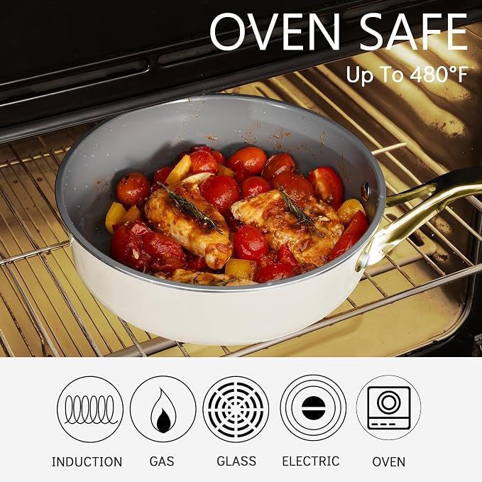 10-in-1 White Ceramic Nonstick Deep Saute Pan Set With Steamer & Lid, 4QT | 10''.PFAS-free frying pan.non-toxic.Induction ready. Oven safe to 480°F. Cool-touch handle. Dishwasher safe. Perfect for RVs!