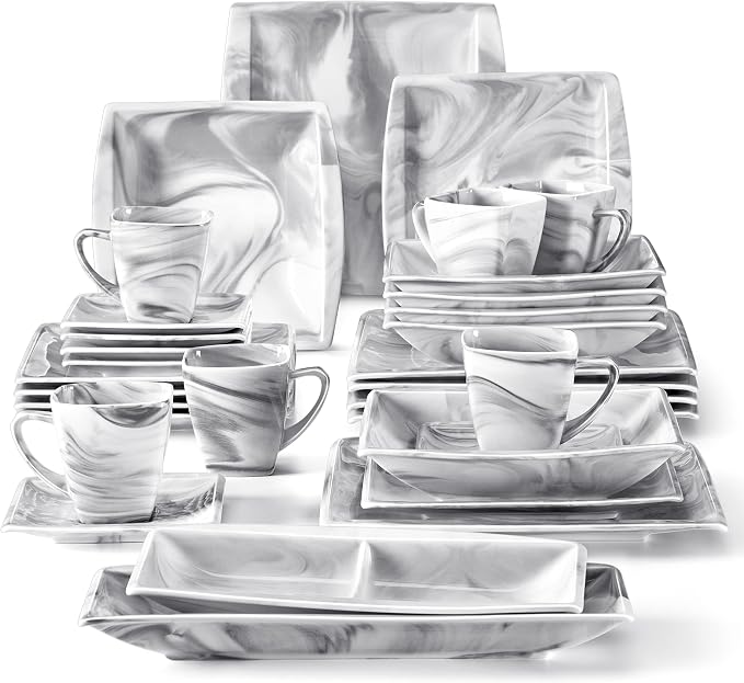 MALACASA Dinnerware Sets, 32 Pieces Porcelain Plates and Bowls Sets for 6, Marble Grey Dishes with Plates and Bowls, Cups and Saucers, Side Dish Plates, Square Dinner Set, Series Blance | Complete with Plates, Bowls, Cups, Saucers, Microwave Oven and D...