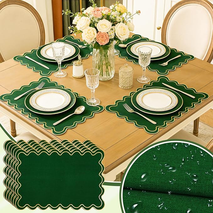 Whaline Green Linen Placemats Embroidered Scalloped Kitchen Place Mats for Birthday Party Home Dining Table Decor, Set of 6, 13 x 19 in