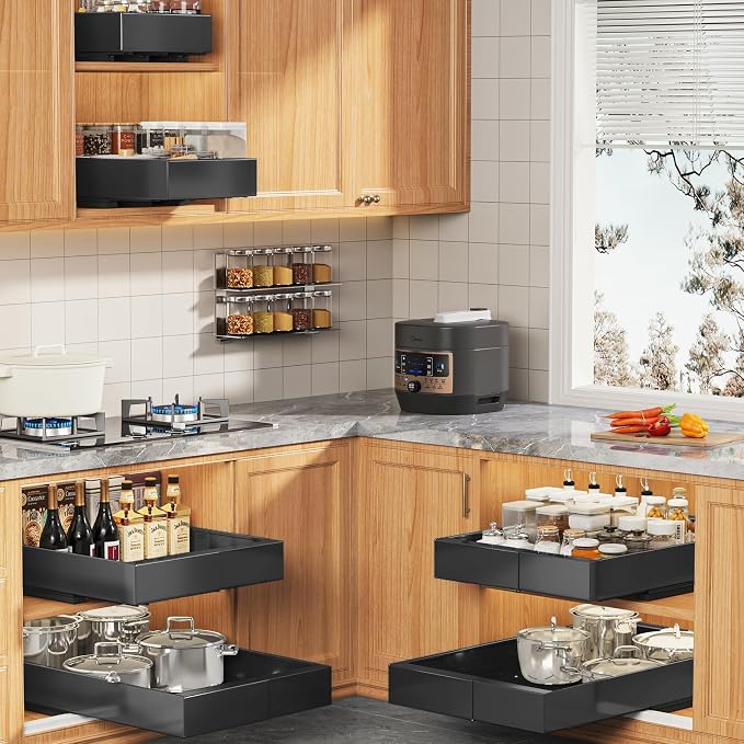 Seinloes 2 Pack Expandable (9"-14") Pull Out Cabinet Organizer 21" Deep With Raising Pad for Framed Cabinets,Upgrade 3 Slide Rails Slide Out Drawers,No Drill Roll Out Shelves Adhesive,Black